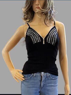 Y2K Black Studded Zipper Front Plunge Cami Tank